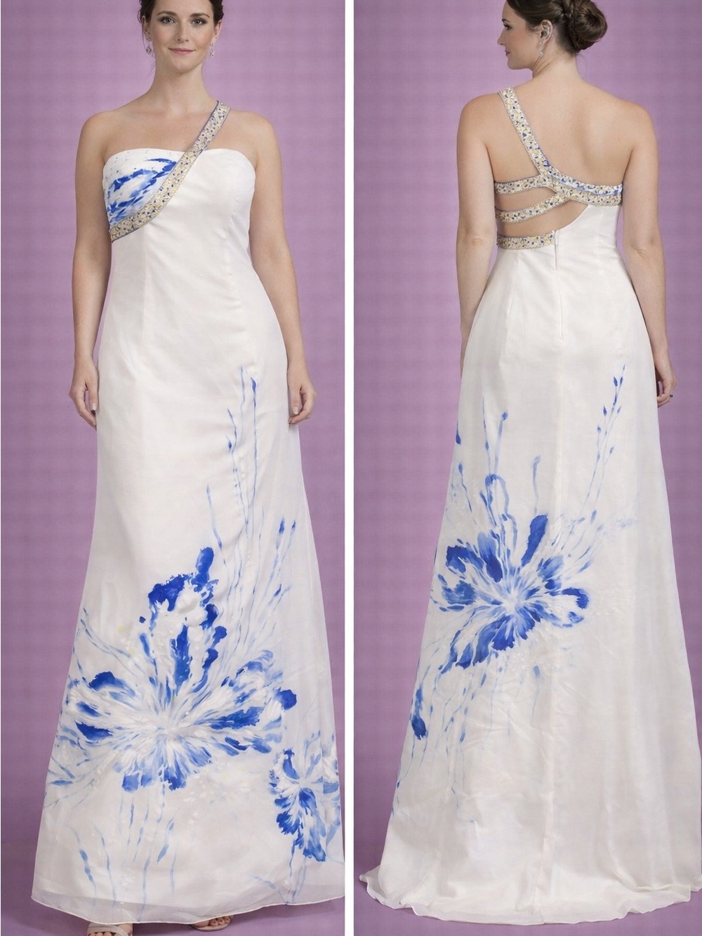 One-Shoulder White Dress with Blue Floral Accents and Beaded Strap